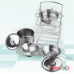 Raflı Çelik Tencere Tava Seti 7 Parça (Metal Mutfak paslanmaz Oyuncak) KİTCHEN