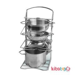 Raflı Çelik Tencere Tava Seti 7 Parça (Metal Mutfak paslanmaz Oyuncak) KİTCHEN