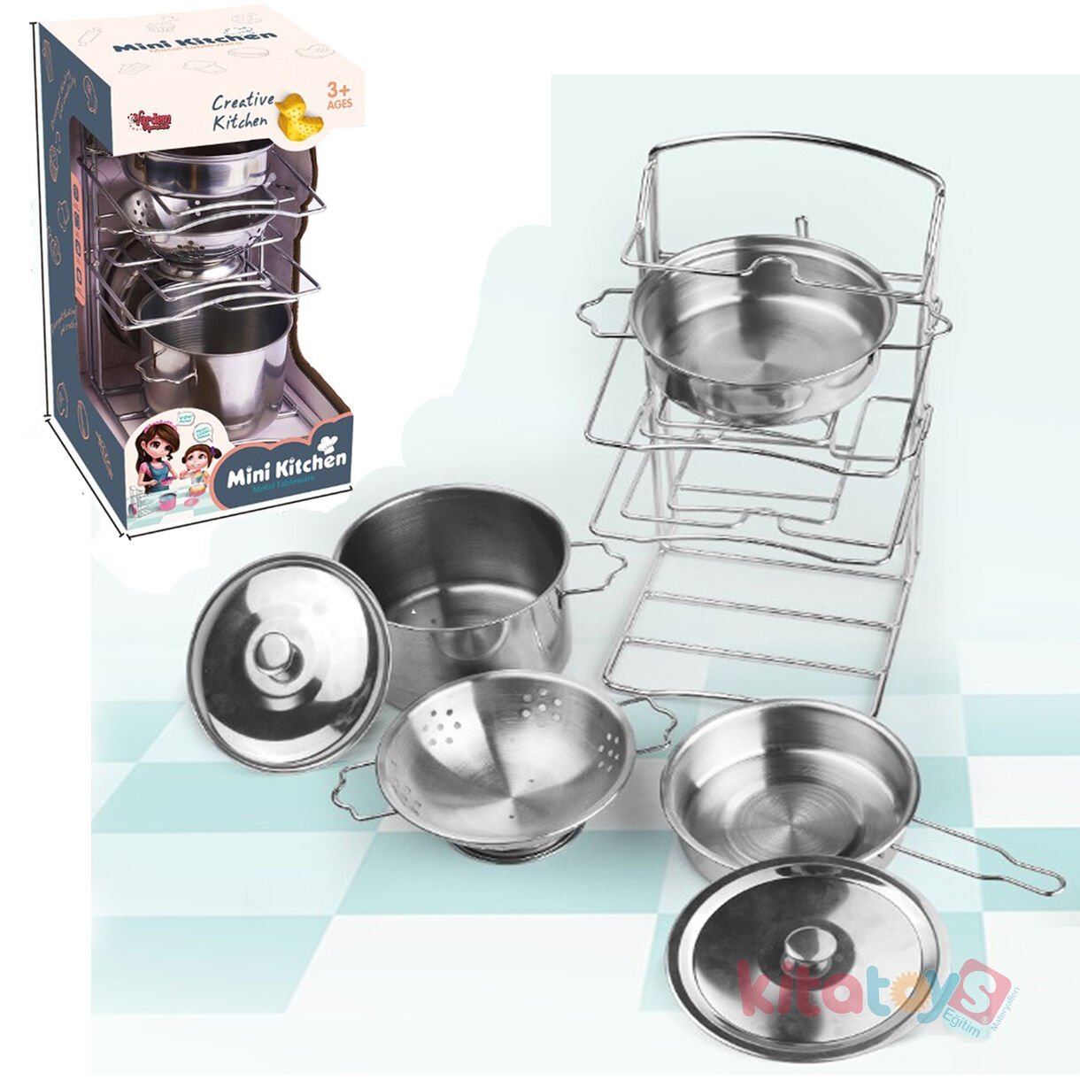 Raflı Çelik Tencere Tava Seti 7 Parça (Metal Mutfak paslanmaz Oyuncak) KİTCHEN