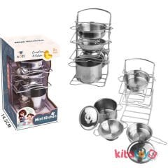 Raflı Çelik Tencere Tava Seti 7 Parça (Metal Mutfak paslanmaz Oyuncak) KİTCHEN