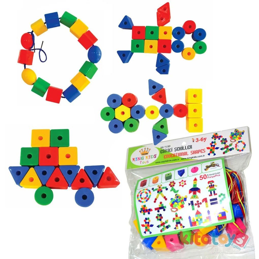 Eğitici Geometrik Şekiller 50 Parça (İri Boy İpe Boncuk Dizme)