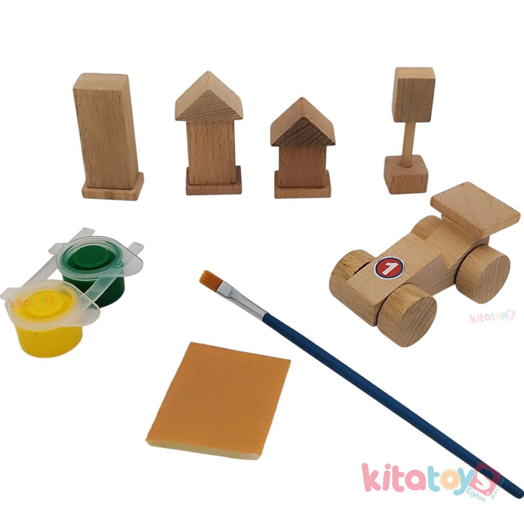 Mini Arabalı Şehir Seti (Boyamalı) Ahşap Boyama Oyuncakları
