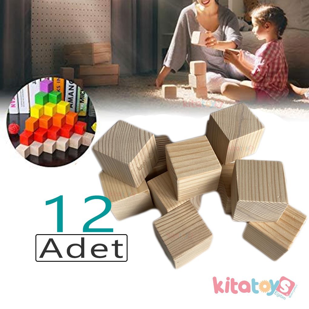 Doğal Ahşap Küp Bloklar 4 cm 12'Li Natürel