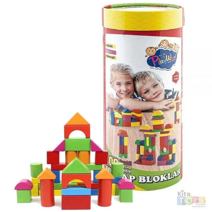 Ahşap Blok 100 Parça Küçük (Kovalı) Bloklar (Renkli)