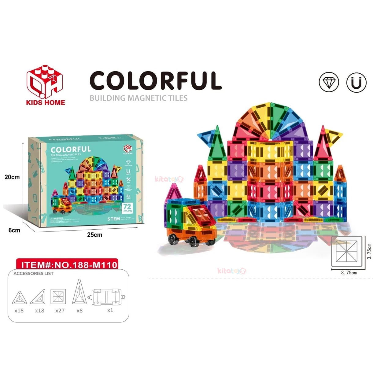 Magnetic Tiles Bloklar 72 Parça 3.75cm Manyetik 3D Colorful (STEM Mıknatıslı Legolar)