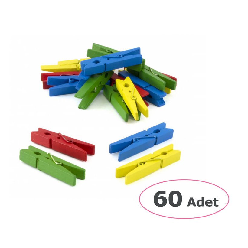 25 mm Renkli Ahşap Mandal 60 Adet (Etkinlik Malzemeleri)