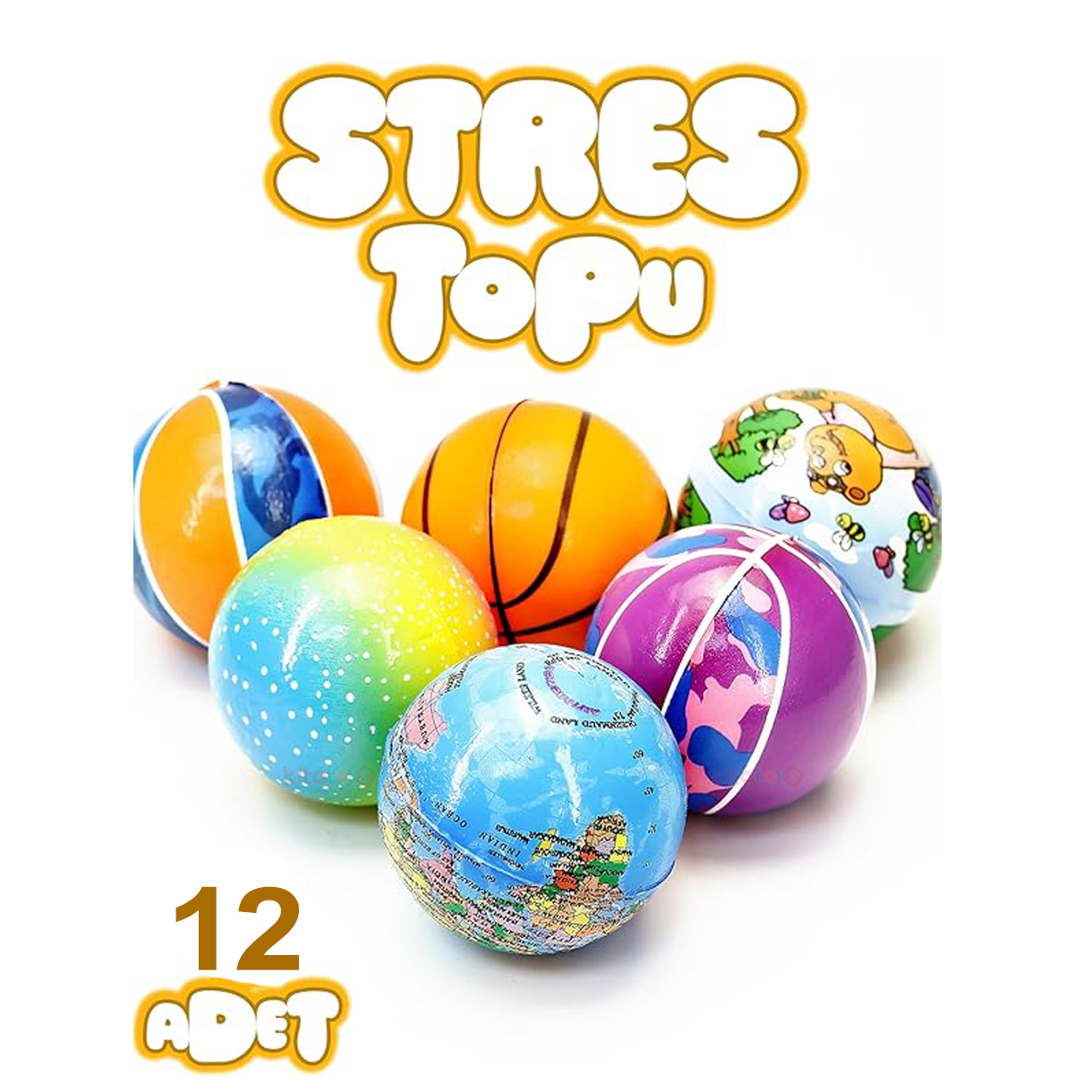 Stres Topu 12'Li Renkli Desenli (Toptan Öğrenci Karne Hediyesi) Soft