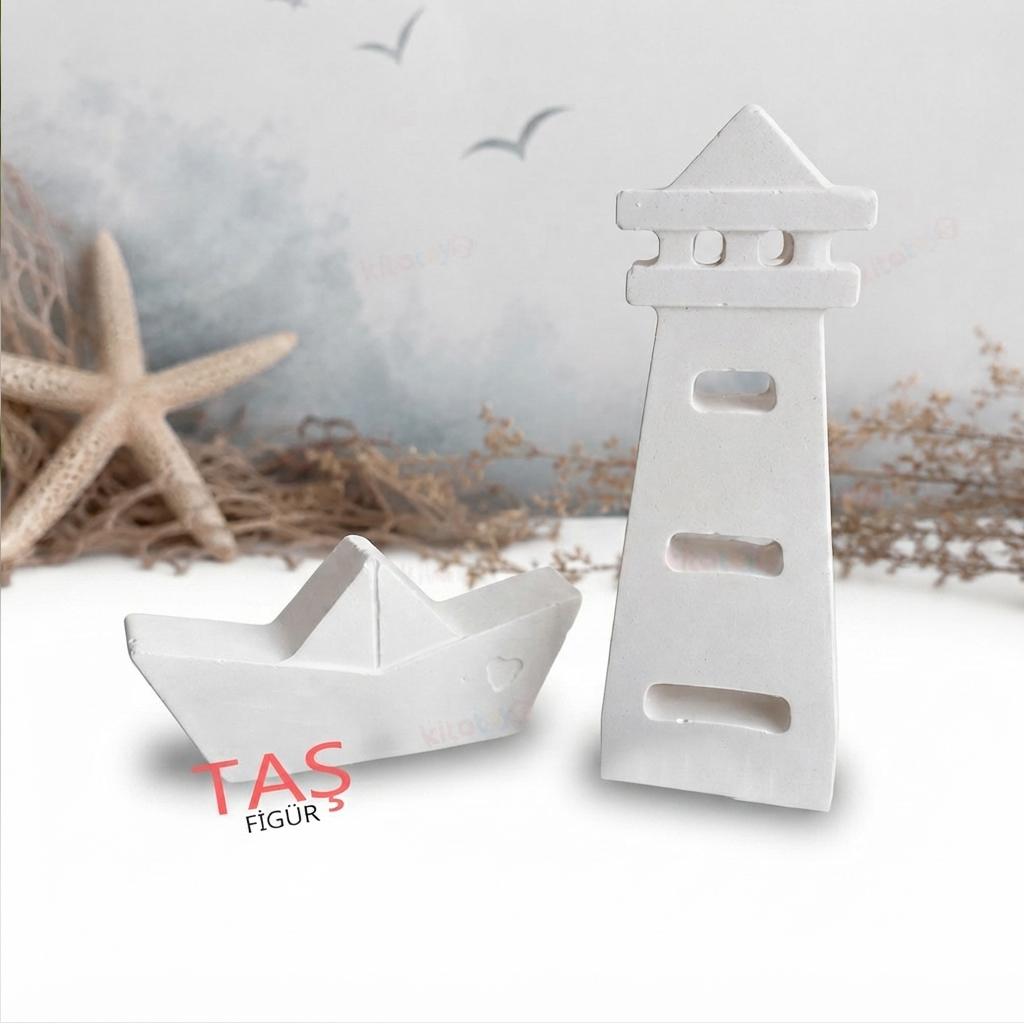 Taş Boyama Figürü DENİZFENERİ ve Gemi 11x4 (Taş Tozu Objesi)