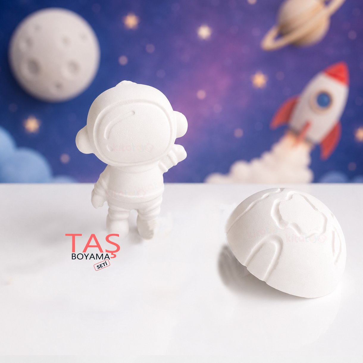 Taş Boyama Figürü ASTRONOT ve DÜNYA (2D Uzay Temalı Taş Alçı Objeleri)