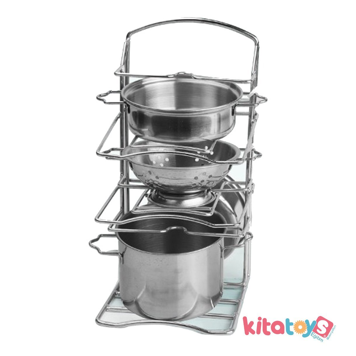 Raflı Çelik Tencere Tava Seti 7 Parça (Metal Mutfak paslanmaz Oyuncak) KİTCHEN