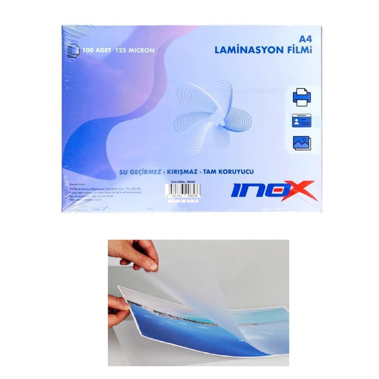 Laminasyon Filmi 100 Adet-A4 125 Micron Laminatör Inox Ürün Görseli.