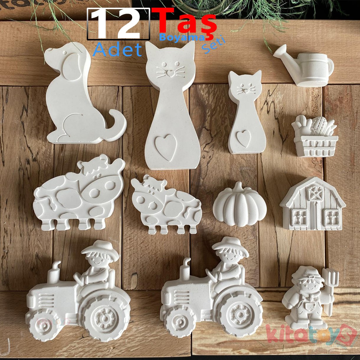 Taş Boyama 12 Adet Ali Baba ÇİFTLİK Seti (Sağlam Taş Tozu Hayvanlar Objesi)