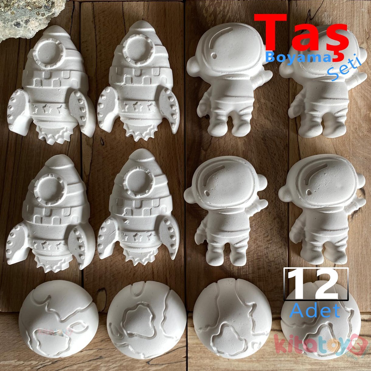 Taş Boyama Seti 12 Adet Astronot Roket Dünya ( Uzay Temalı Taş Tozu Objeleri)