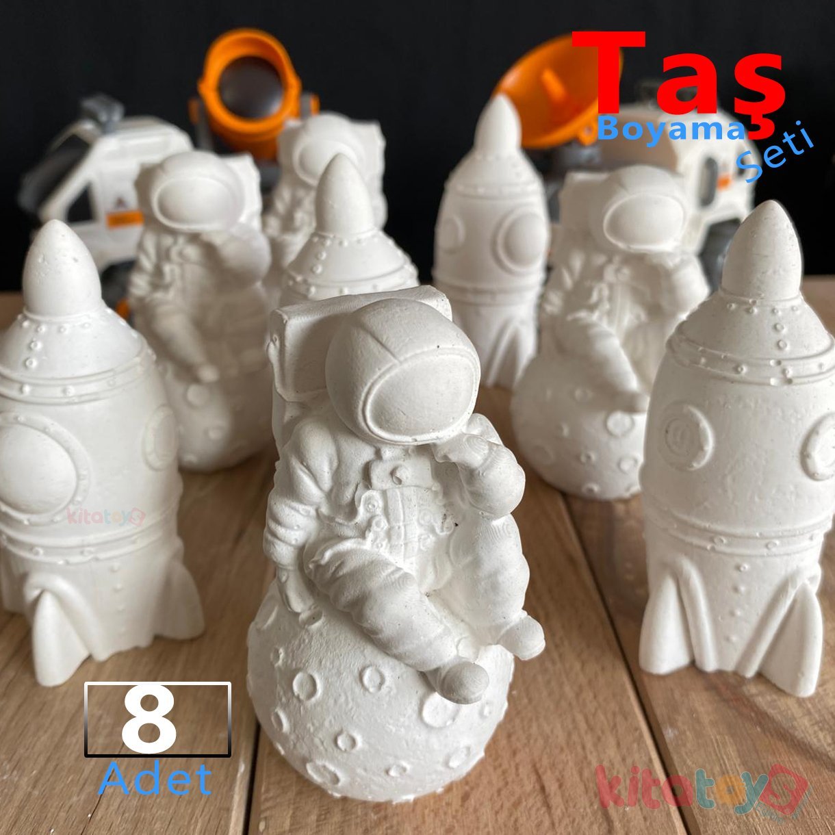 Taş Boyama Seti 8 Adet Roket Astronot Ay 3 Boyutlu (3D Uzay Temalı Taş Tozu Objeleri)