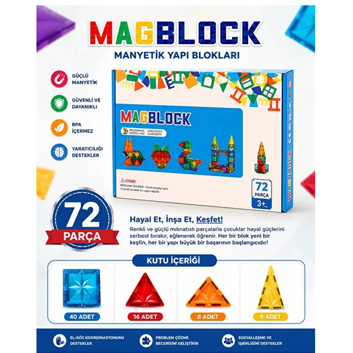 MagBlock Manyetik Bloklar 72 Parça 7,5 cm 3D (Mıknatıslı Legolar) QXCW