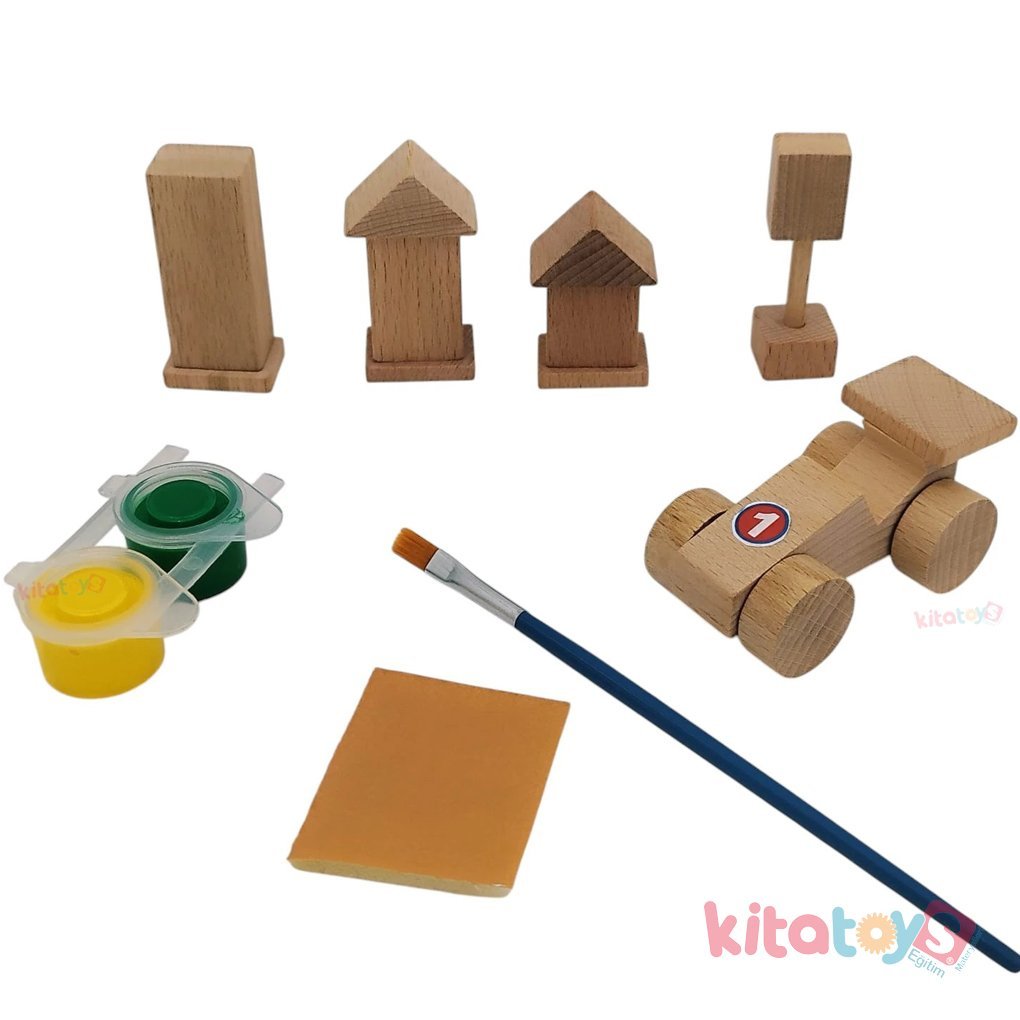 Mini Arabalı Şehir Seti (Boyamalı) Ahşap Boyama Oyuncakları