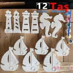 Taş Boyama DENİZ TEMALI Set 12 Adet (Sağlam Taş Tozu Arabalar) Sanat