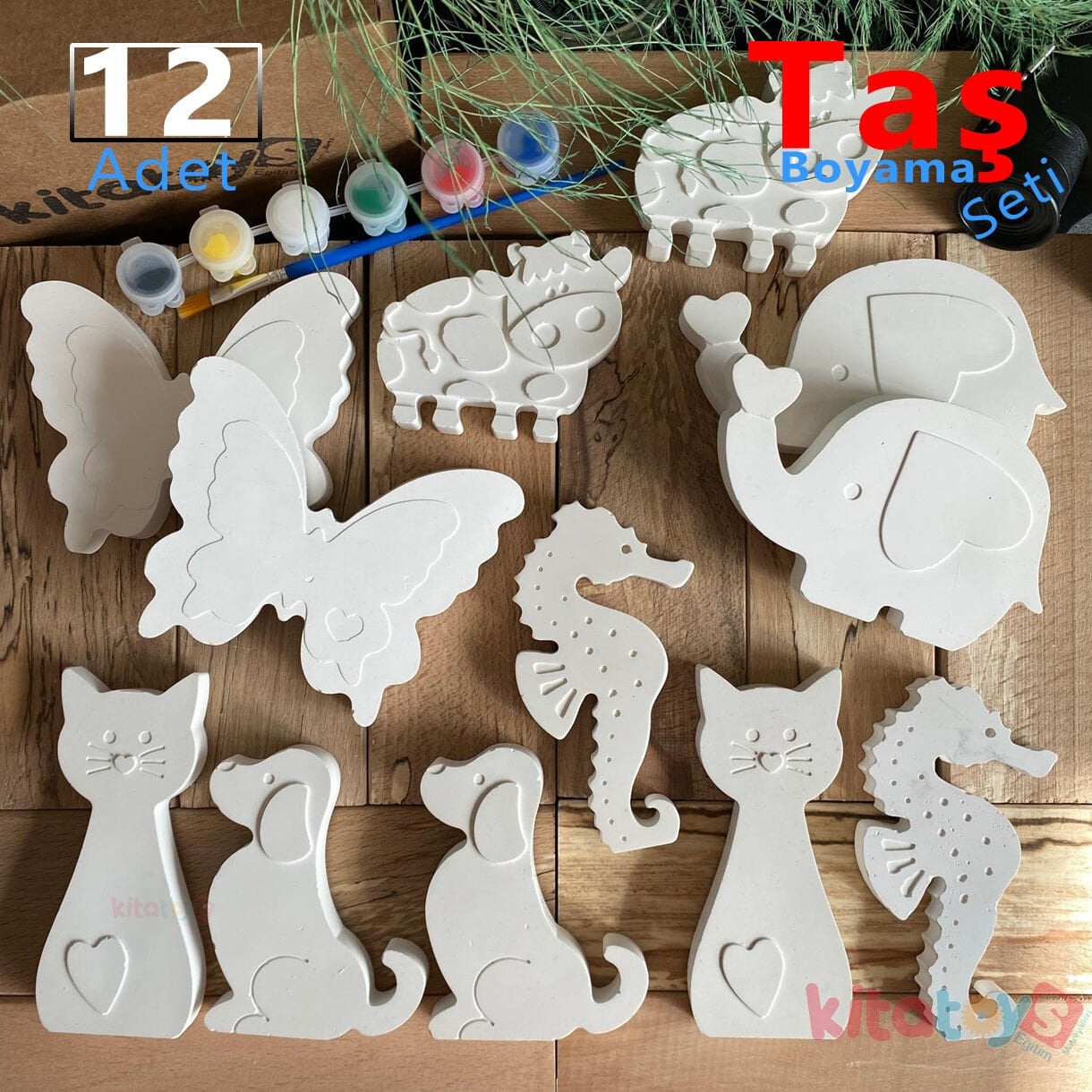 Taş Boyama Seti 12 Adet HAYVANLAR ALEMİ-Büyük Boy-(Sağlam Taş Tozu Objeleri)