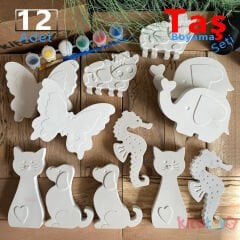 Taş Boyama Seti 12 Adet HAYVANLAR ALEMİ-Büyük Boy-(Sağlam Taş Tozu Objeleri)