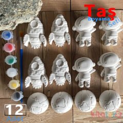 Taş Boyama Seti 12 Adet Astronot Roket Dünya ( Uzay Temalı Taş Tozu Objeleri)