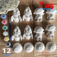 Taş Boyama Seti 12 Adet Astronot Roket Dünya ( Uzay Temalı Taş Tozu Objeleri)
