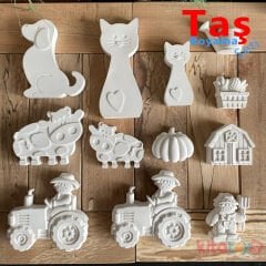 Taş Boyama 12 Adet Ali Baba ÇİFTLİK Seti (Sağlam Taş Tozu Hayvanlar Objesi)