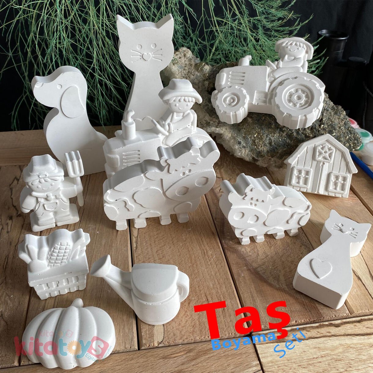 Taş Boyama 12 Adet Ali Baba ÇİFTLİK Seti (Sağlam Taş Tozu Hayvanlar Objesi)