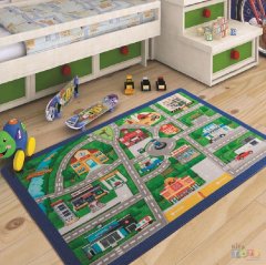 Traffic Lanes 133x190 Yeşil Bukle Anaokulu Halısı Trafik