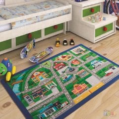 Traffic Lanes 133x190 Yeşil Bukle Anaokulu Halısı Trafik