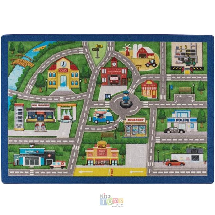 Traffic Lanes 133x190 Yeşil Bukle Anaokulu Halısı Trafik