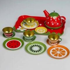 Metal Çay Seti 15 Parça Meyve Desenli (Çelik Çaydanlık)