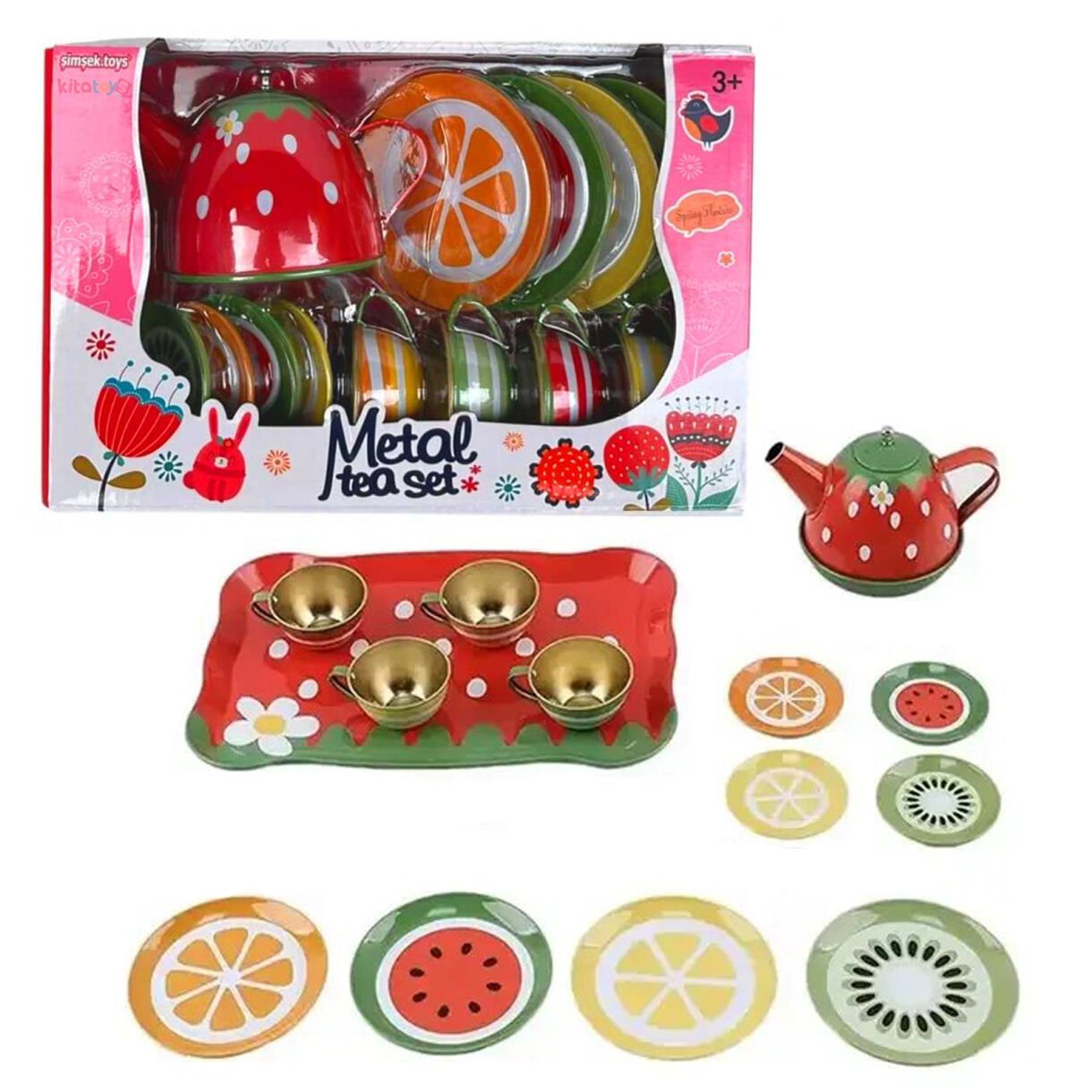 Metal Çay Seti 15 Parça Meyve Desenli (Çelik Çaydanlık)