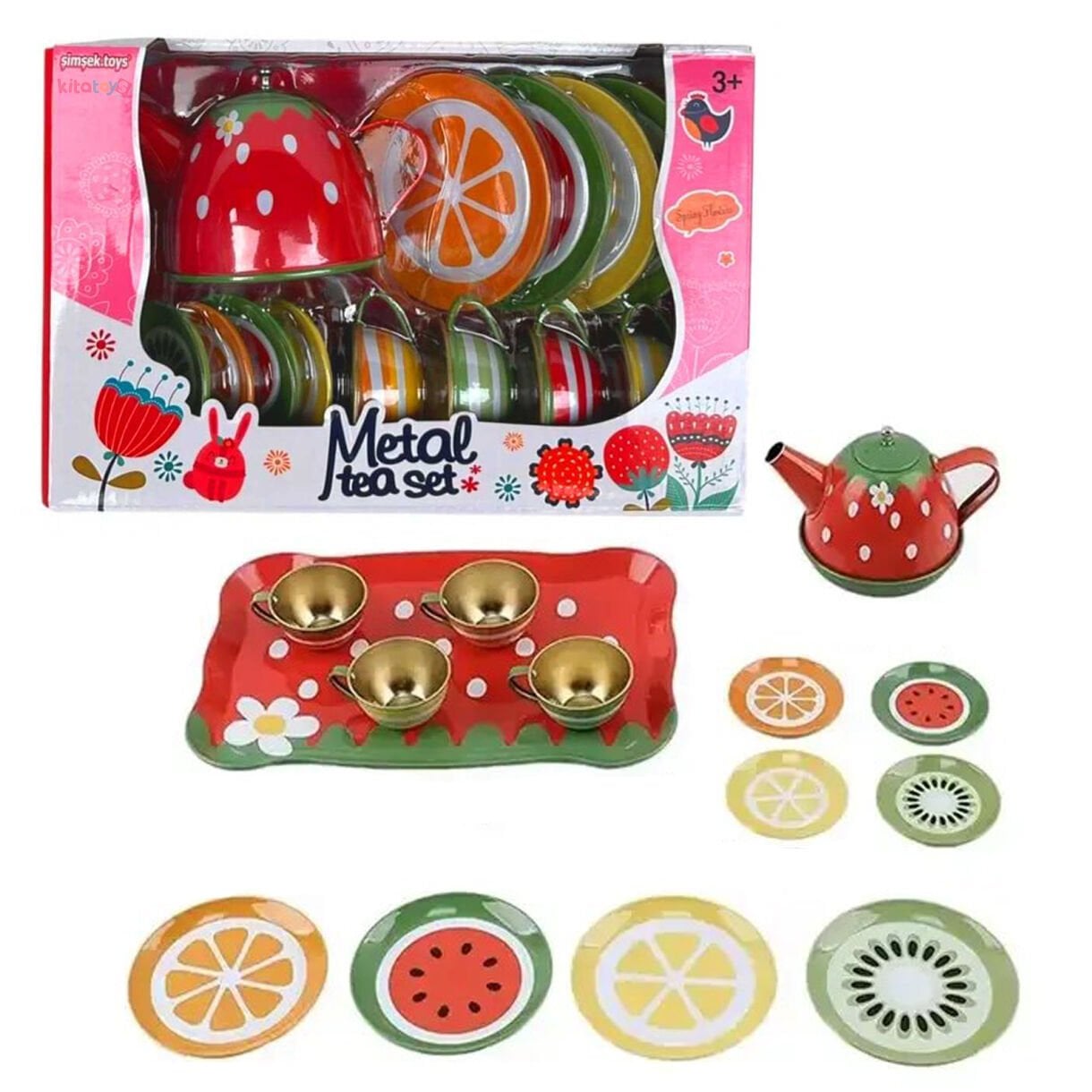 Metal Çay Seti 15 Parça Meyve Desenli (Çelik Çaydanlık)