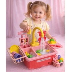 Mutfak Lavabosu Seti Pilli Sulu Çeşmeli Oyuncak 218-1 (Musluklu Bulaşık)