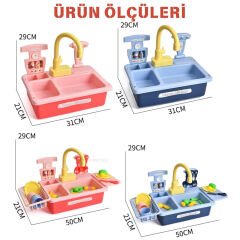 Mutfak Lavabosu Seti Pilli Sulu Çeşmeli Oyuncak 218-1 (Musluklu Bulaşık) Pembe