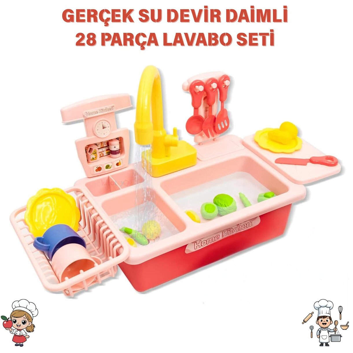 Mutfak Lavabosu Seti Pilli Sulu Çeşmeli Oyuncak 218-1 (Musluklu Bulaşık)
