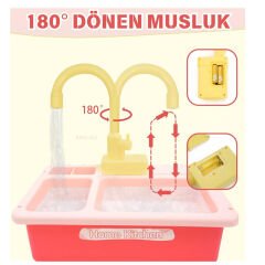 Mutfak Lavabosu Seti Pilli Sulu Çeşmeli Oyuncak 218-1 (Musluklu Bulaşık) Pembe