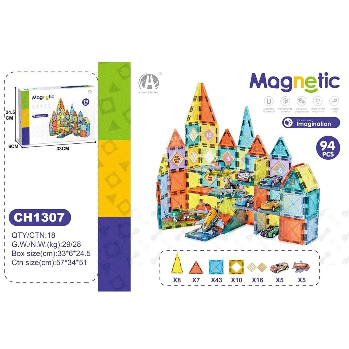 Magnetic Blok 94 Parça 5,5cm Manyetik 3D (Mıknatıslı Legolar) CH1307