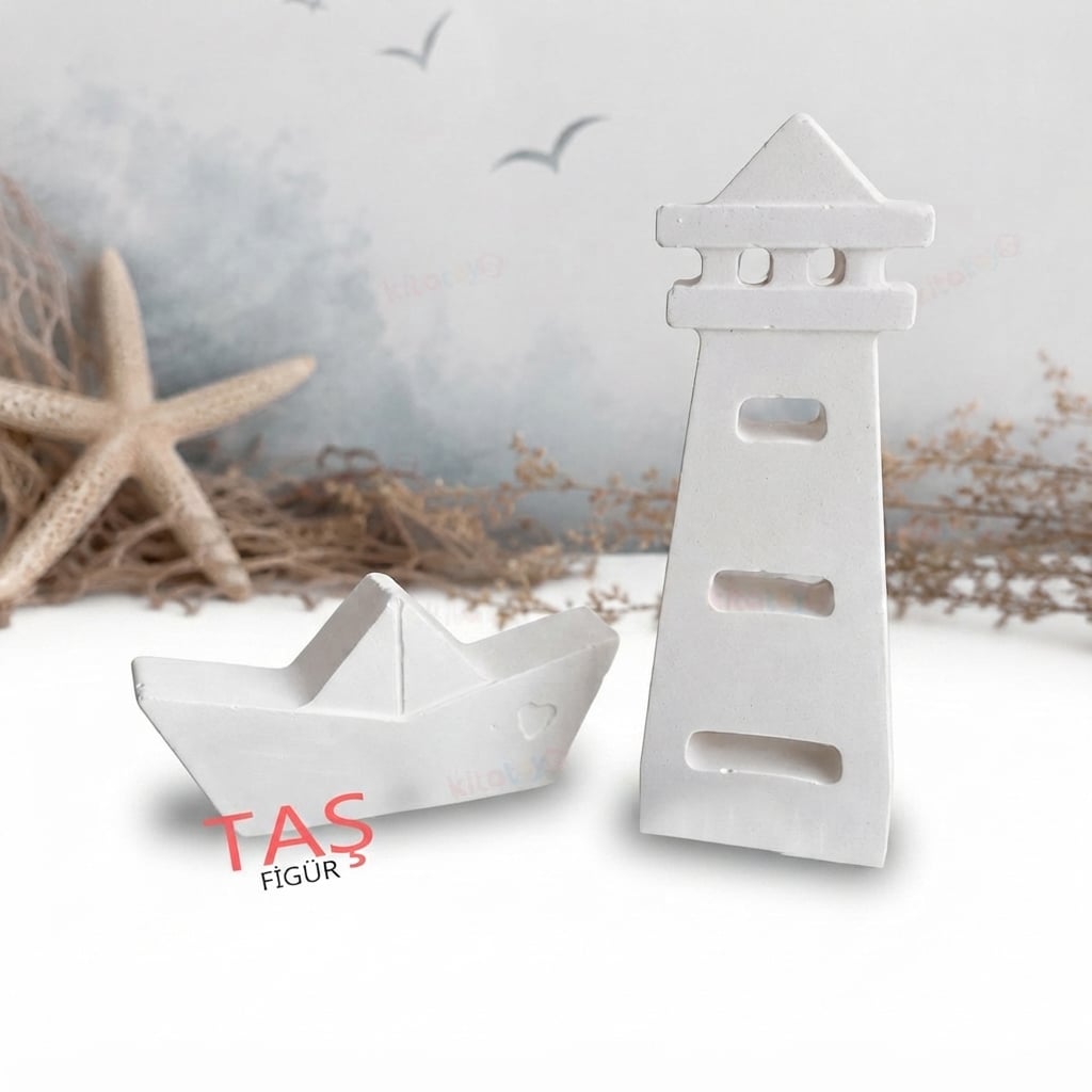 Taş Boyama Figürü DENİZFENERİ ve Gemi 11x4 (Taş Tozu Objesi)