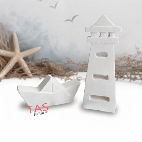 Taş Boyama Figürü DENİZFENERİ ve Gemi 11x4 (Taş Tozu Objesi)
