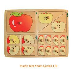 Tam-Yarım-Çeyrek 1/8 Kulplu Ahşap Puzzle (Elma Kesirler)