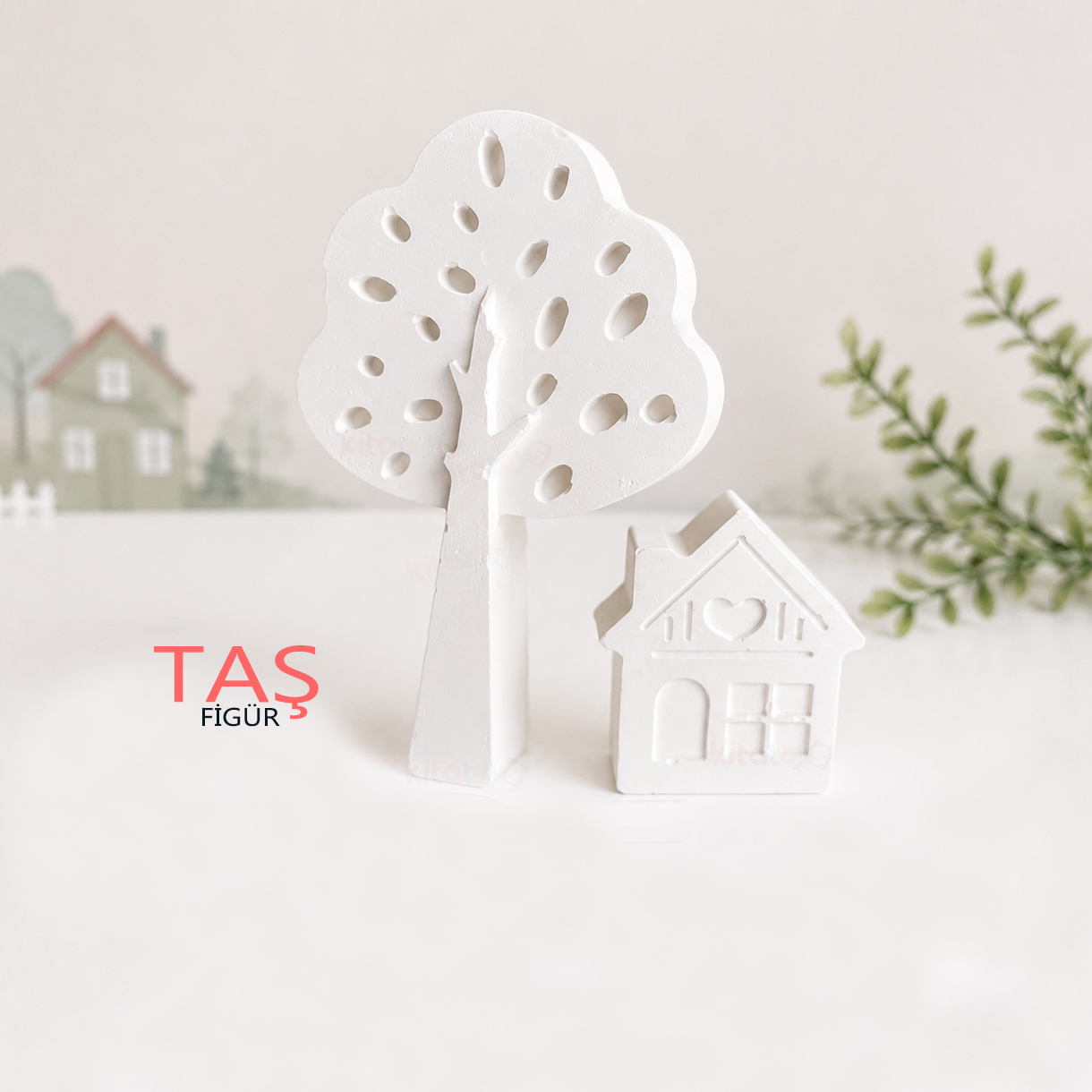 Taş Boyama Figürü AĞAÇ ve EV 12X8 (Kitatoys Oyuncak Objesi)