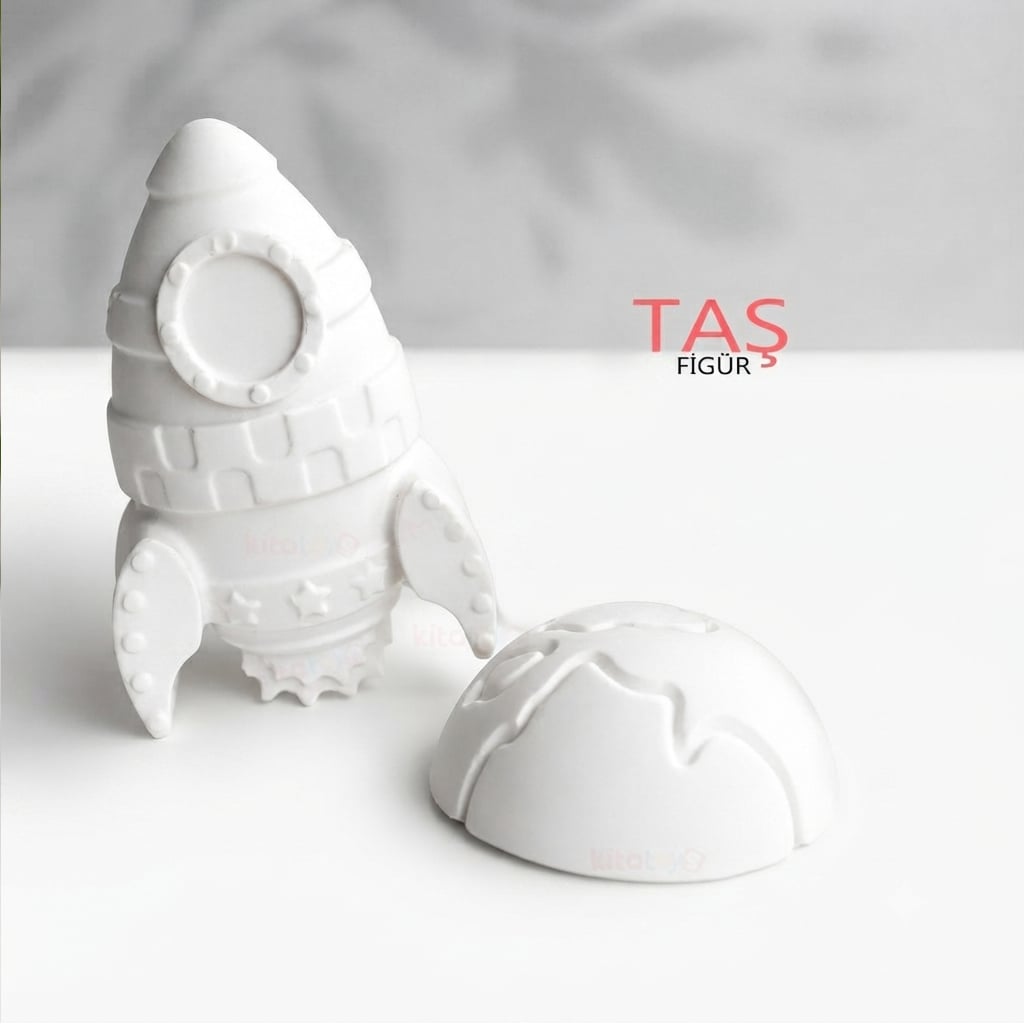 Taş Boyama Figürü ROKET ve DÜNYA 7x5 cm (2D Uzay Temalı Taş Alçı Objeleri)