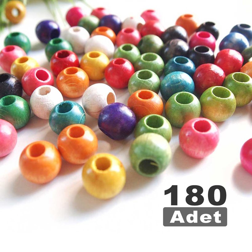 Ahşap Yuvarlak Boncuklar (17 mm) 180 Adet Renkli