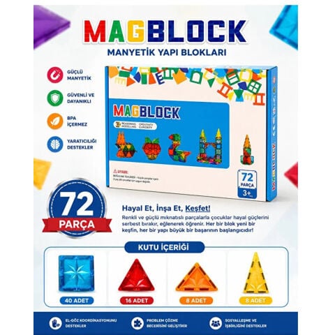 MagBlock Manyetik Bloklar 72 Parça 7,5 cm 3D (Mıknatıslı Legolar) QXCW