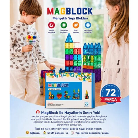 MagBlock Manyetik Bloklar 72 Parça 7,5 cm 3D (Mıknatıslı Legolar) QXCW