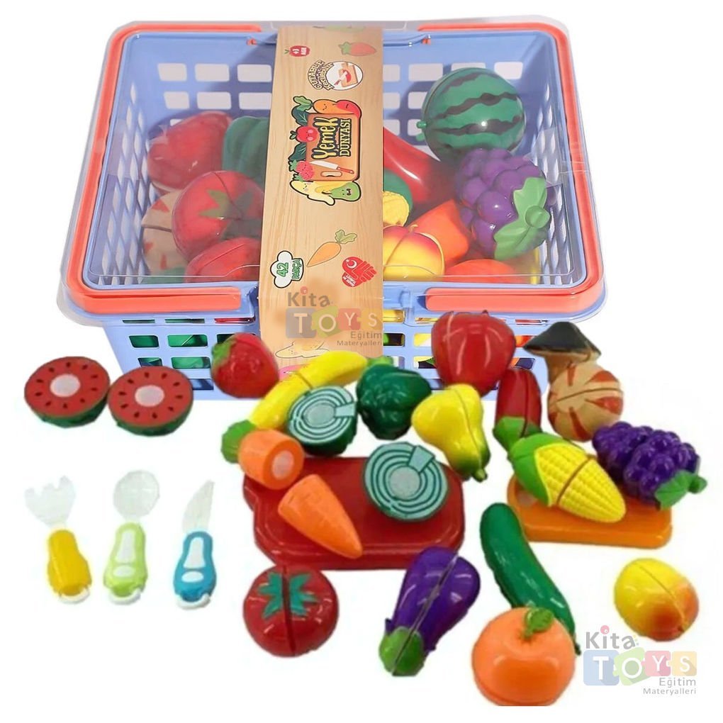 Kesilebilen Meyve Sebze 42 Parça Manav Seti (Kesme Oyuncakları) Sepetli