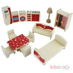 Mini Ahşap Oyuncaklar (Mutfak ve Yatak Odası) Takımı (Salon Seti) T3105 Minyatür