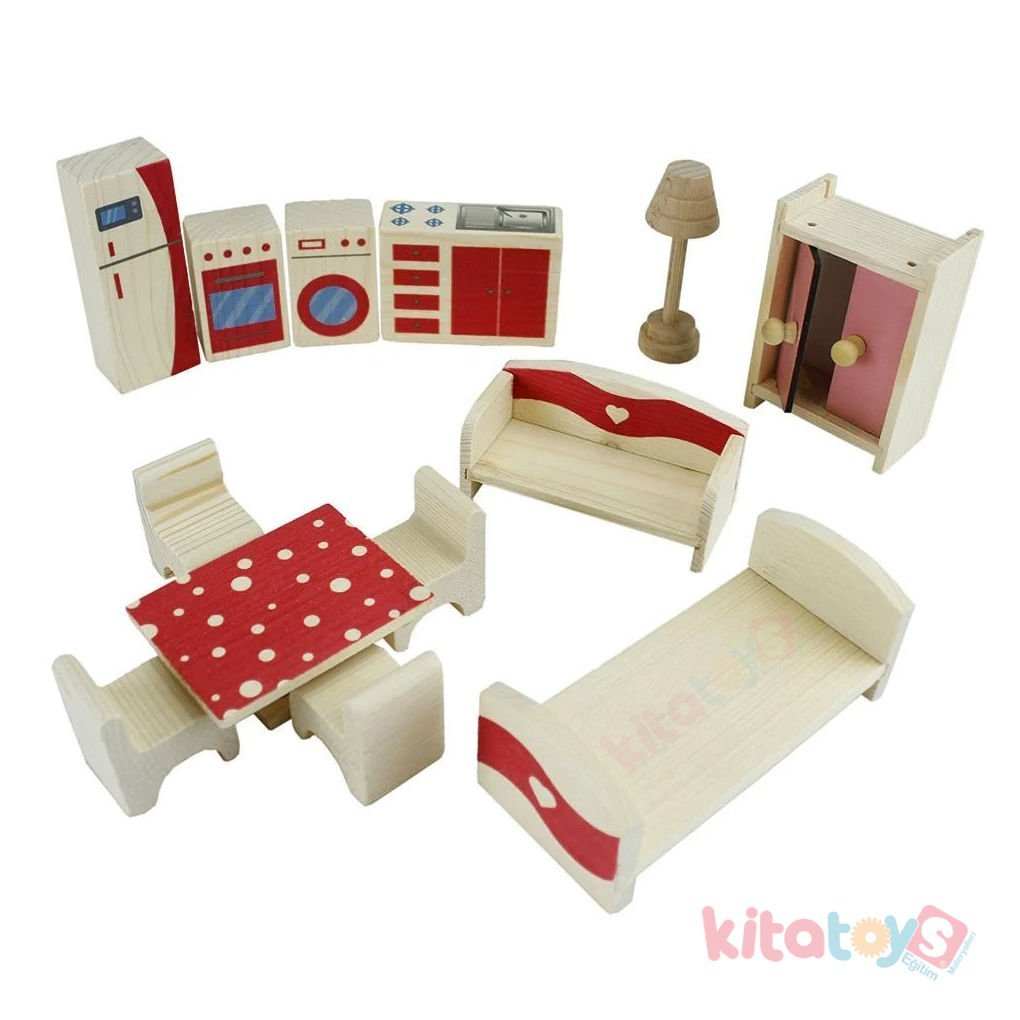 Mini Ahşap Oyuncaklar (Mutfak ve Yatak Odası) Takımı (Salon Seti) T3105