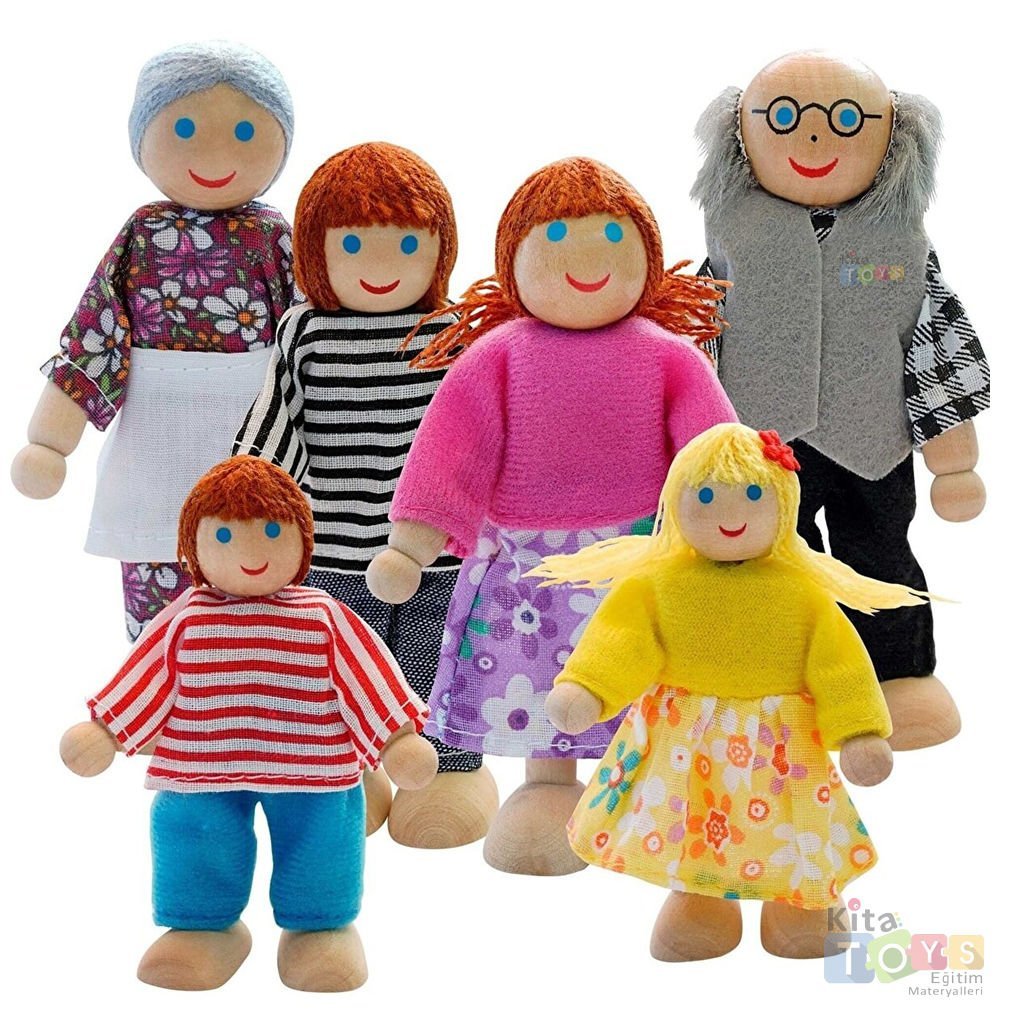 Ahşap Minik Ailem 6'Lı (Evcilik Oyuncakları) Bebek Kukla Seti